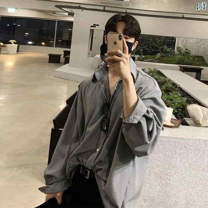 メンズ　ファッション　韓国ファッション　オシャレ　海外風 メンズ 韓国 シャツ たり ストライプ 長袖 春秋 カジュアル ファッション