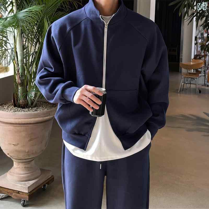メンズ　ファッション　韓国ファッション　オシャレ　海外風 無地 スウェットシャツ スポーツ スーツ メンズ スタンドカラー ダブル ジッパープル ジャケット 春秋 カジュアル スウェットパンツ 2点セット