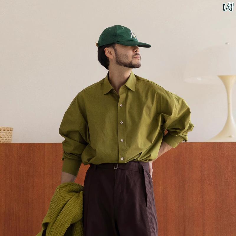 メンズ　ファッション　韓国ファッション　オシャレ　海外風 メンズ用 長袖 グリーン シャツ アメリカン 快適 ファッション トップ ボーイフレンド たり レトロ ボタン ダウン