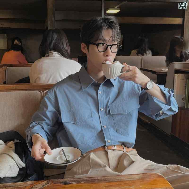 メンズ　ファッション　韓国ファッション　オシャレ　海外風 長袖 シャツ メンズ ブルー カジュアル インナーシャツ トップス 製たり レトロ ハイエンド ジャケット