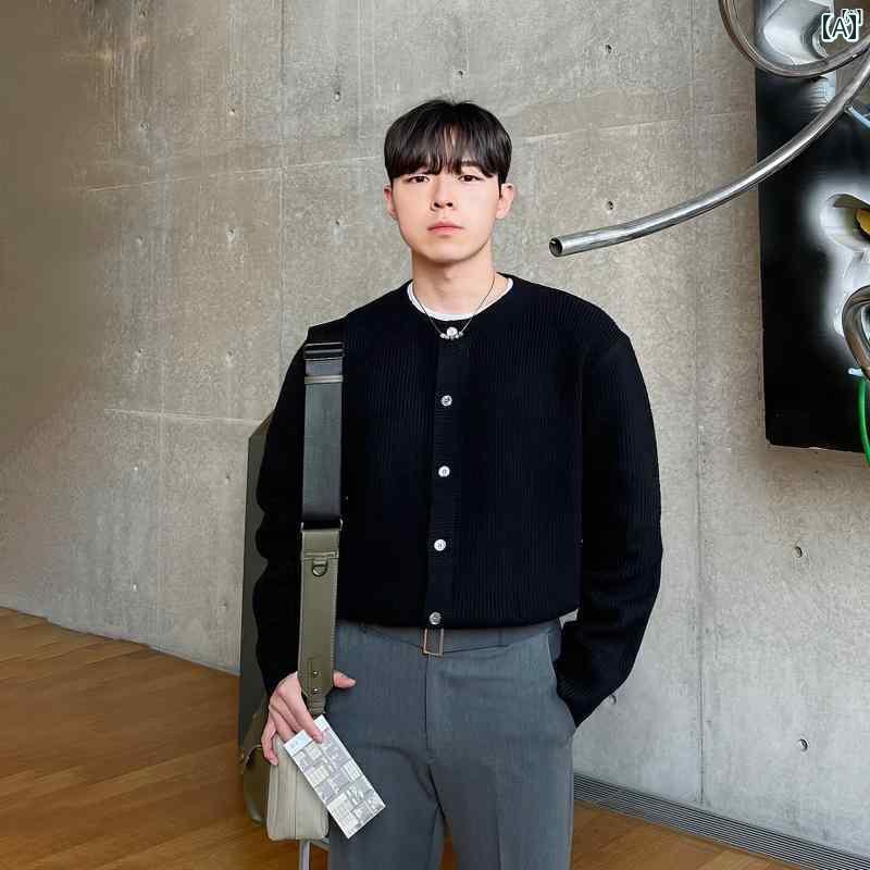 メンズ　ファッション　韓国ファッション　オシャレ　海外風 ソリッドカラーラウンドネック ニットカー..