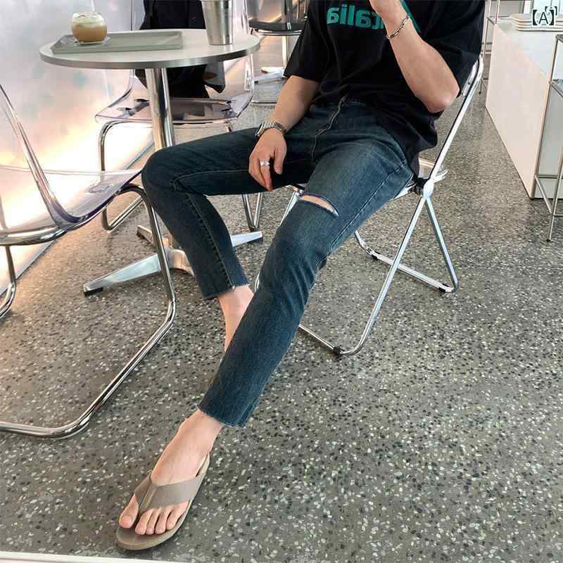 メンズ　ファッション　韓国ファッション　オシャレ　海外風 秋 薄手 スリム リップド ジーンズ 男性用..