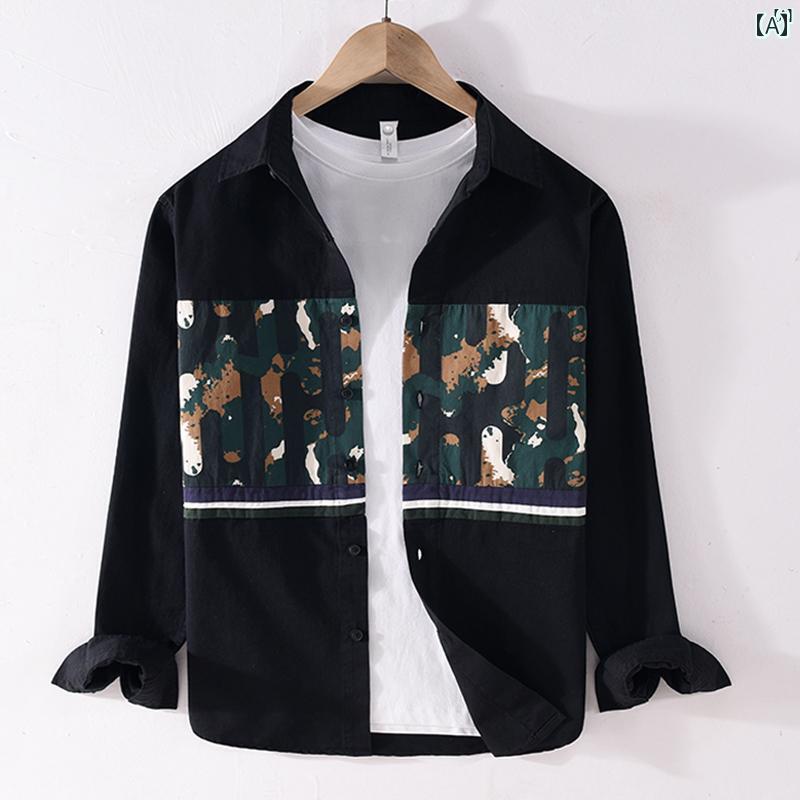 メンズ　ファッション　韓国ファッション　オシャレ　韓国 プリント ステッチ シャツ メンズ 長袖 春秋 たり ジャケット