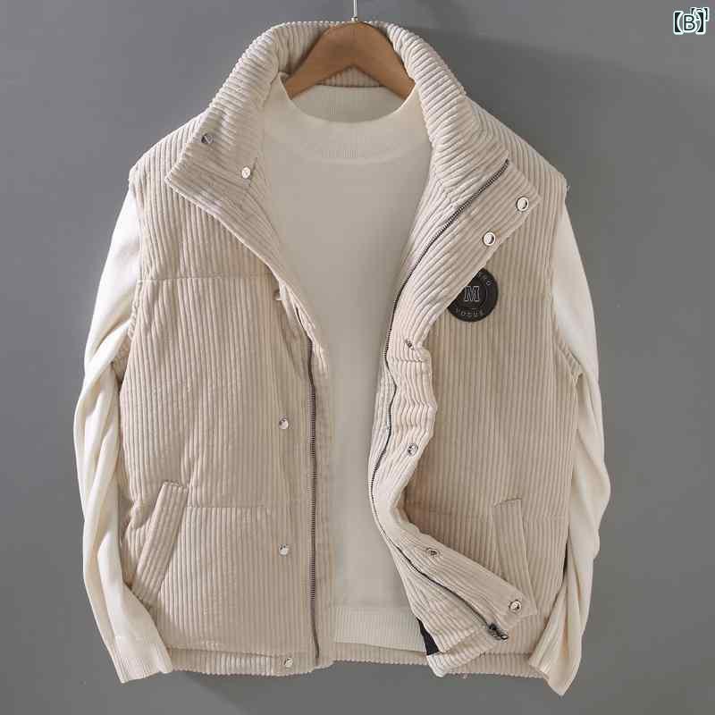 メンズ　ファッション　韓国ファッション　オシャレ　韓国 秋冬 コーデュロイ ダウン ベスト メンズ アウター スタンドカラー カジュアル ノースリーブ 暖かい ジャケット