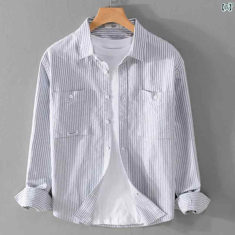 メンズ　ファッション　韓国ファッション　オシャレ　韓国 縦 ストライプ 長袖 シャツ メンズ 作業着 ..
