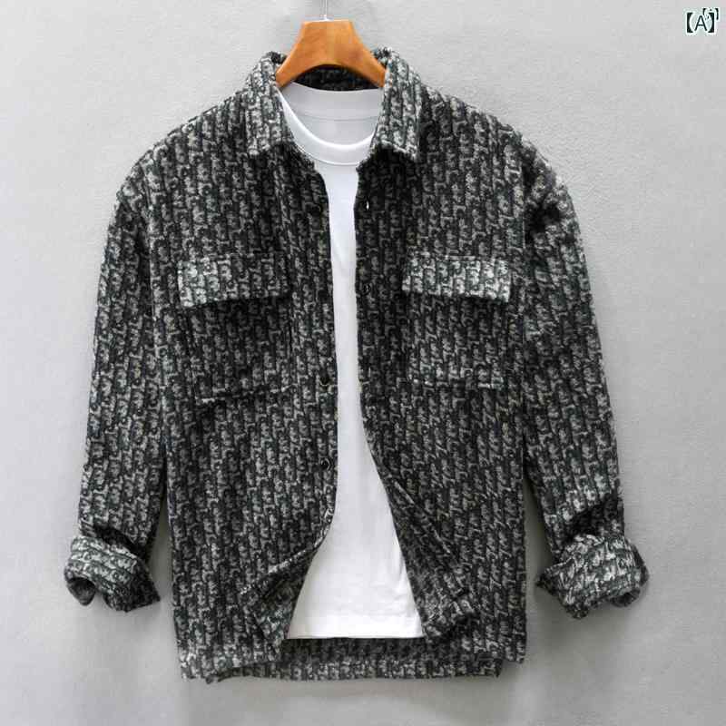 メンズ　ファッション　韓国ファッション　オシャレ　韓国 秋冬 起毛 厚手 ジャカード 長袖 シャツ メンズ 作業着 カジュアル ウール ジャケット