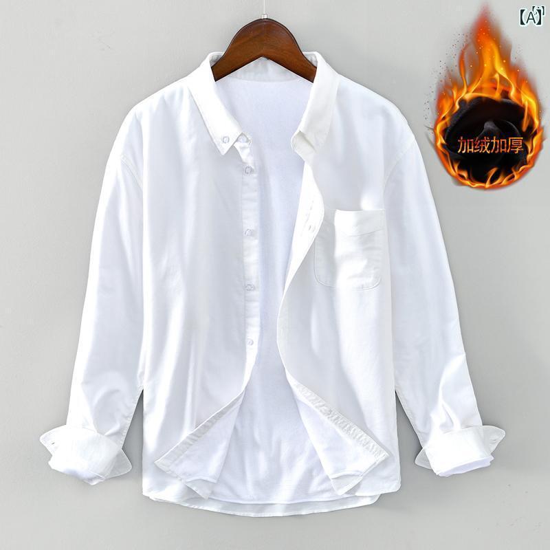 メンズ　ファッション　韓国ファッション　オシャレ　韓国 冬 メンズ ベルベット 厚手 ホワイト シャツ コットン オックスフォード 長袖 ビジネス カジュアル 暖かい トップス