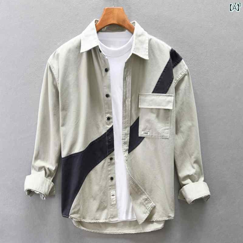 メンズ　ファッション　韓国ファッション　オシャレ　韓国 シャツ メンズ 長袖 春秋 カジュアル ファッション ステッチ レトロ コットン ジャケット