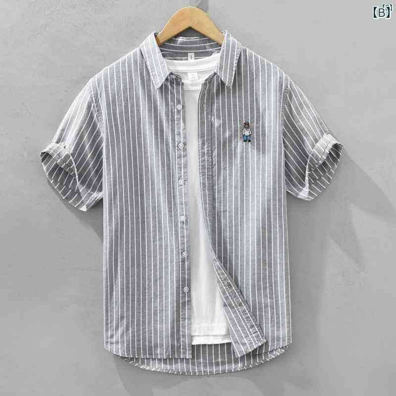 メンズ　ファッション　韓国ファッション　オシャレ　韓国 リトル ベア 刺繍 縦 ストライプシャツ メンズ 半袖 夏 フレッシュ ファッション カジュアル コットン オックスフォード シャツ