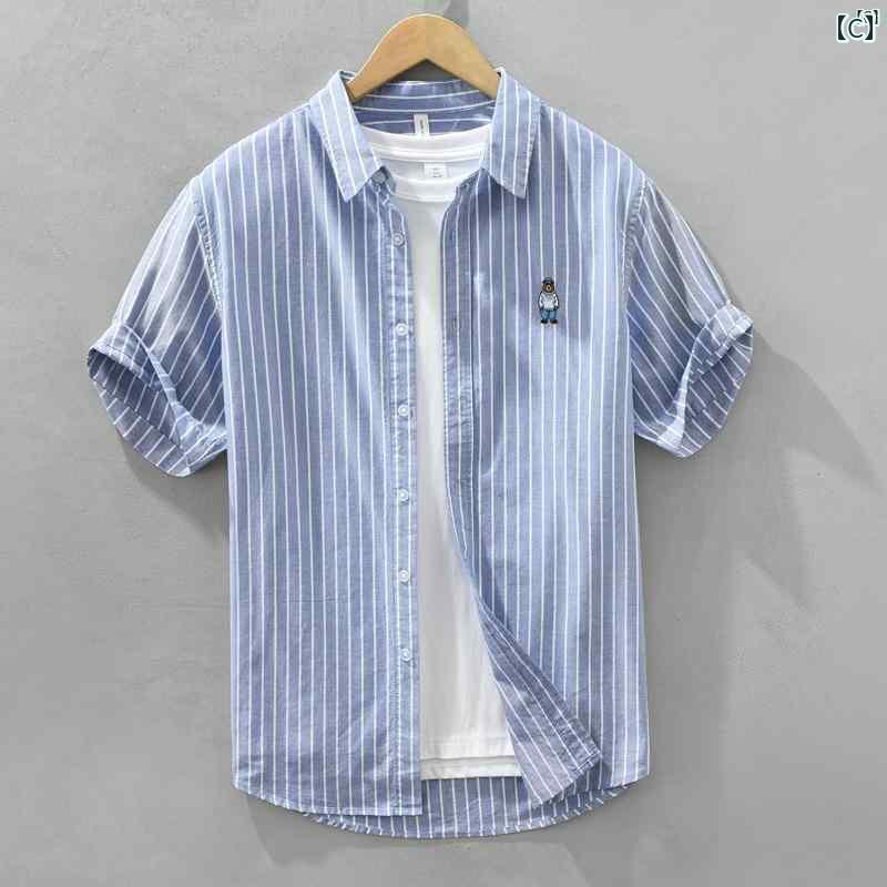 メンズ　ファッション　韓国ファッション　オシャレ　韓国 リトル ベア 刺繍 縦 ストライプシャツ メンズ 半袖 夏 フレッシュ ファッション カジュアル コットン オックスフォード シャツ