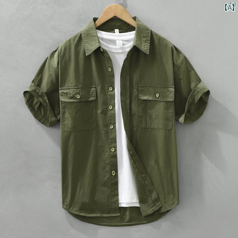 メンズ　ファッション　韓国ファッション　オシャレ　韓国 アミ カーキ アメリカン ワークウェア 半袖 シャツ メンズ 夏 レトロ 文学 カジュアル コットン ポケット