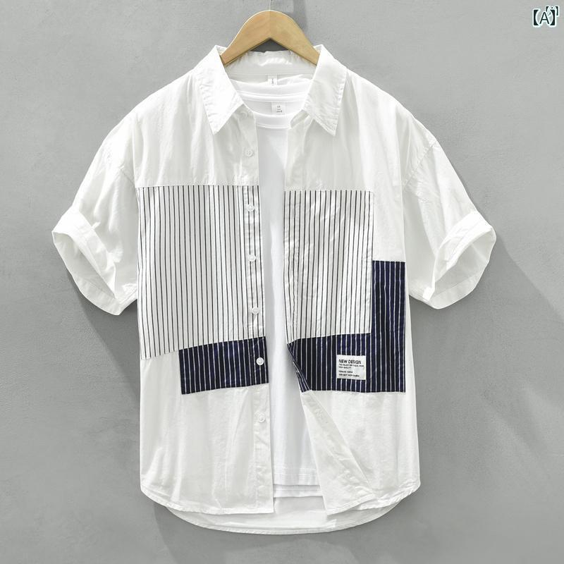 メンズ ファッション 韓国ファッション オシャレ 韓国 ストライプ スプライシング シャツ 半袖 メンズ 夏 コットン インチ トップ