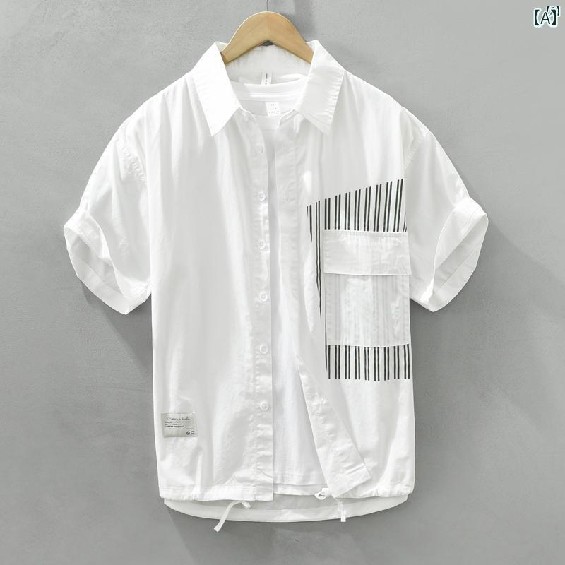メンズ　ファッション　韓国ファッション　オシャレ　韓国 スプライシング ストライプ 半袖 シャツ 夏用 メンズ コットン 製 たり カジュアル 文学