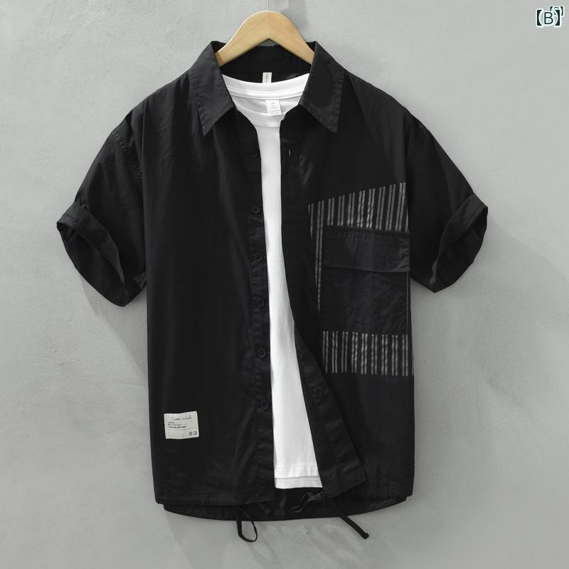 メンズ　ファッション　韓国ファッション　オシャレ　韓国 スプライシング ストライプ 半袖 シャツ 夏用 メンズ コットン 製 たり カジュアル 文学