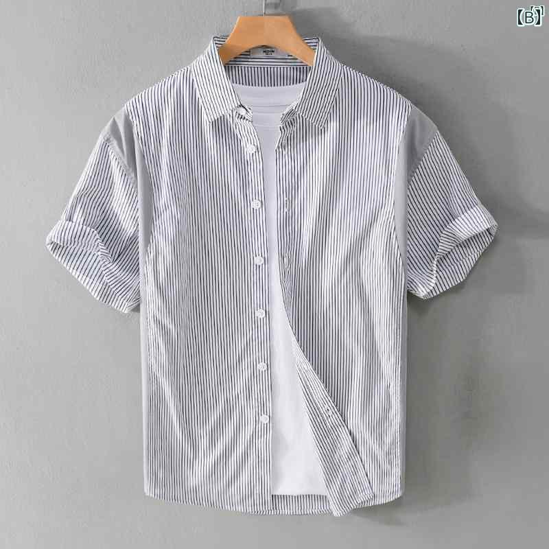 メンズ　ファッション　韓国ファッション　オシャレ　韓国 スプライシング ストライプシャツ メンズ 半袖 サマー 文学 ファッション カジュアル シャツ