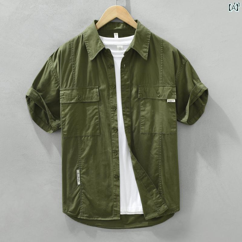 メンズ　ファッション　韓国ファッション　オシャレ　韓国 サマー コットン ワークシャツ メンズ 半袖 アーミーグリーン ダブル ポケット ミリタリー カジュアル シャツ(4)