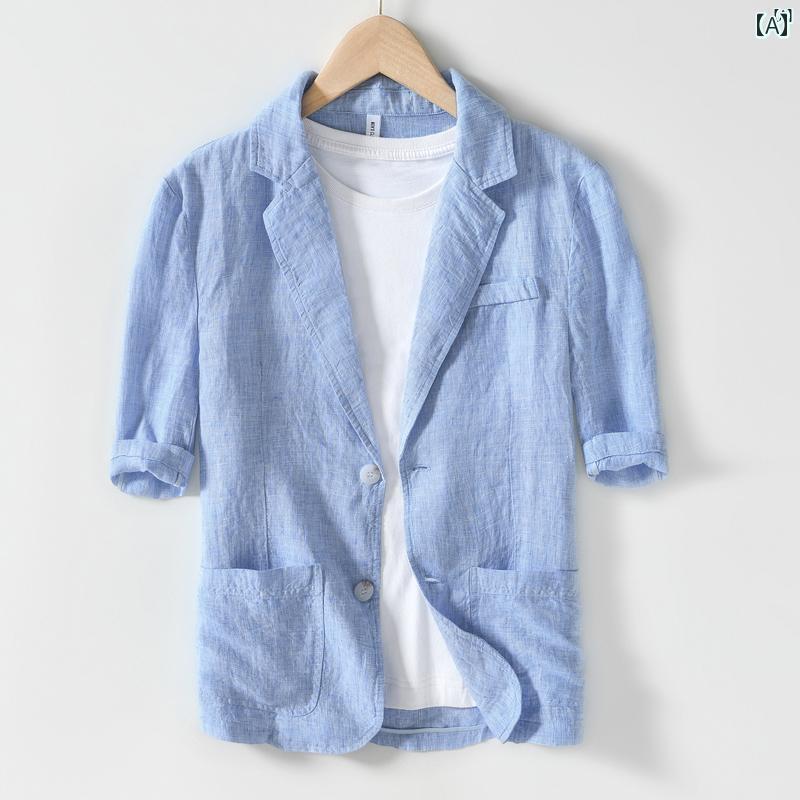 メンズ ファッション 韓国ファッション オシャレ 韓国 リネン スーツ メンズ 五分丈中 袖 小柄 文学 カジュアル フル 半袖 夏 薄手 シングル ジャケット
