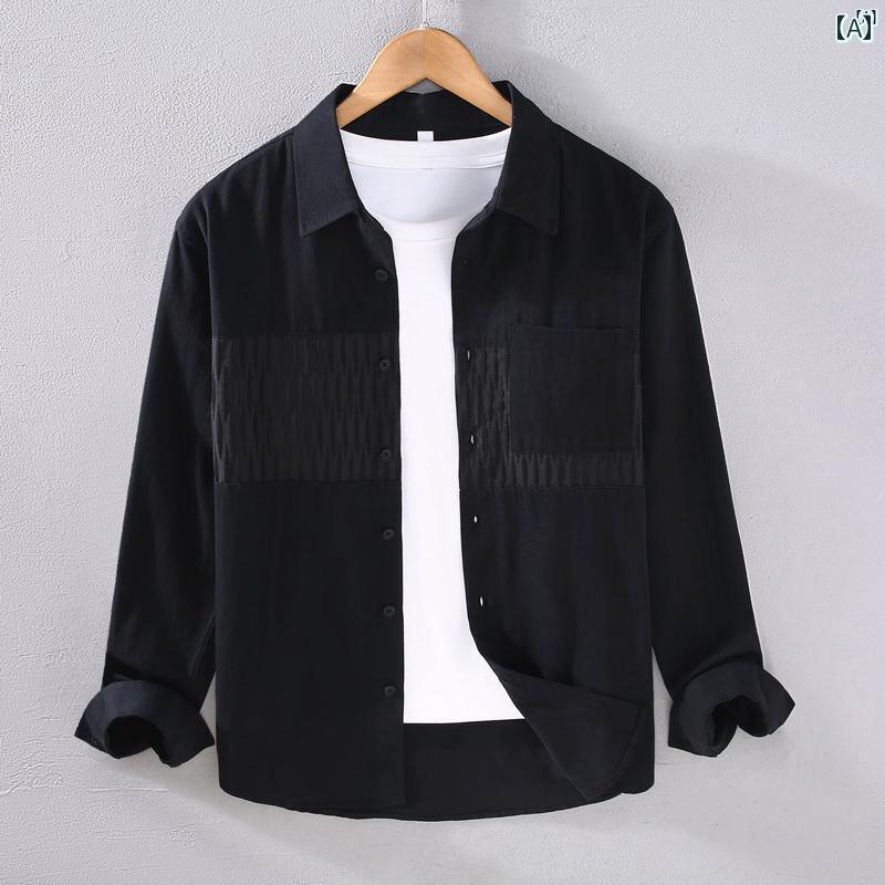 メンズ　ファッション　韓国ファッション　オシャレ　韓国 ブラック シャツ メンズ 長袖 春秋 パッチワ..