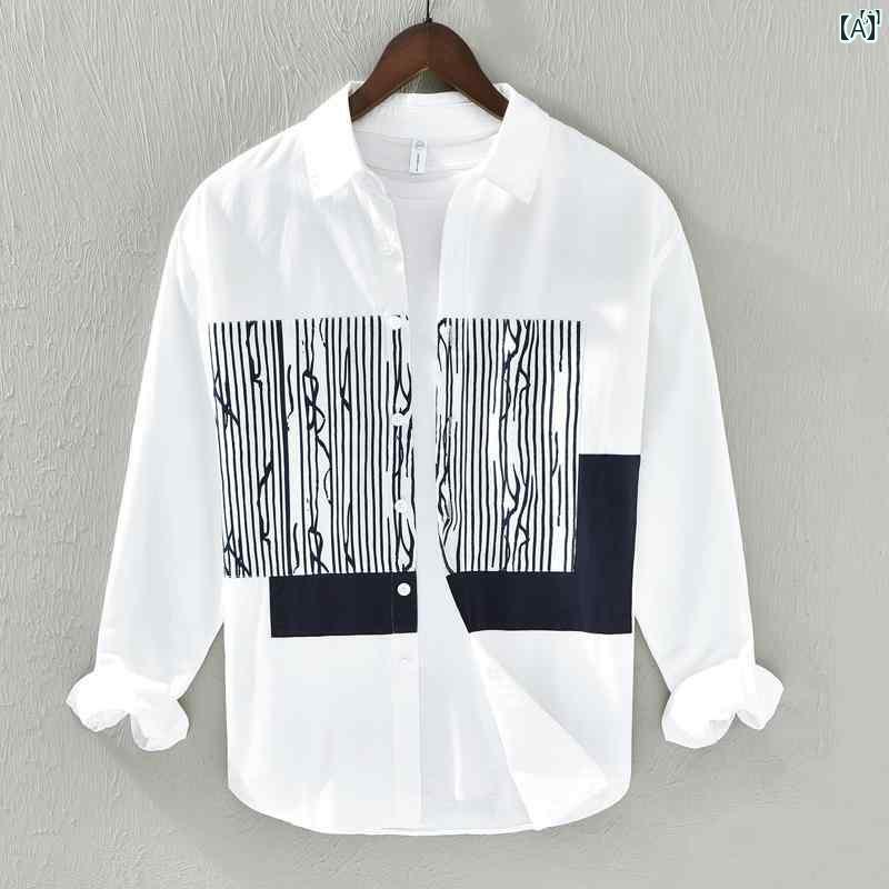 メンズ　ファッション　韓国ファッション　オシャレ　韓国 フレッシュ スプライシング ストライプシャツ メンズ 長袖 コットン 春秋 文学 シャツ