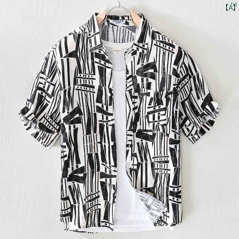 メンズ　ファッション　韓国ファッション　オシャレ　韓国 プリント シャツ メンズ リネン 半袖 夏 フ..