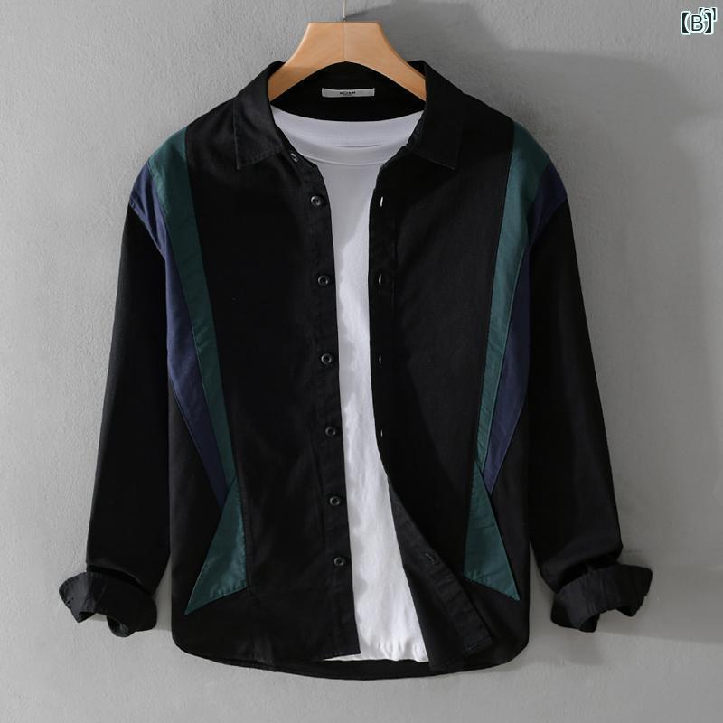 メンズ　ファッション　韓国ファッション　オシャレ　韓国 スプライシング シャツ メンズ 長袖 トップス カジュアル 春秋 ジャケット
