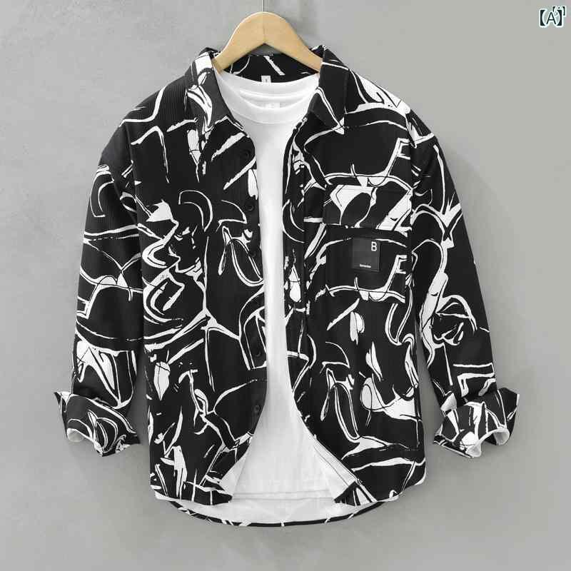 メンズ　ファッション　韓国ファッション　オシャレ　韓国 プリント シャツ メンズ 長袖 春秋 文学 ファッション