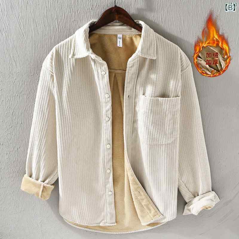 メンズ　ファッション　韓国ファッション　オシャレ　韓国 冬 メンズ ソリッドカラー コーデュロイ 暖かい シャツ レトロ 文学 カジュアル 厚手 ベルベット ジャケット