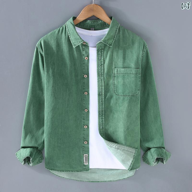 メンズ　ファッション　韓国ファッション　オシャレ　韓国 小柄 フレッシュ 無地 デニムシャツ メンズ 長袖 春秋 ファッション カジュアル コットンシャツ ジャケット