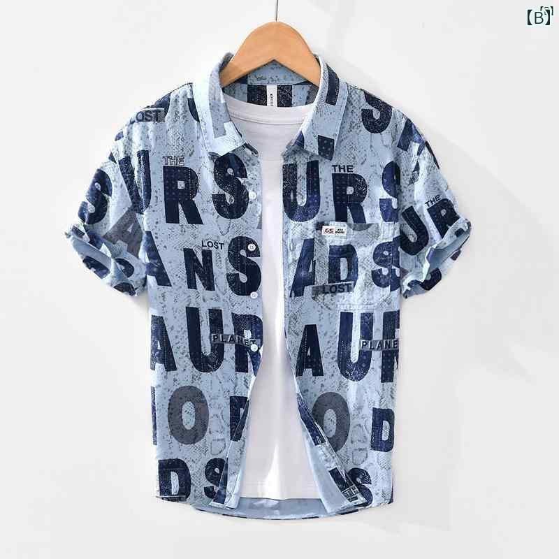 メンズ　ファッション　韓国ファッション　オシャレ　韓国 レター プリント メンズ 半袖 シャツ フレッシュ 芸術的 汎用性 高さ 夏服