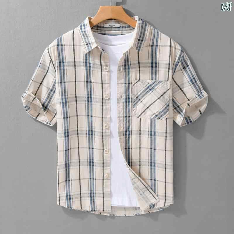 メンズ　ファッション　韓国ファッション　オシャレ　韓国 小柄 フレッシュ 文学 チェック柄 シャツ メンズ 夏 コットン 半袖 ファッション カジュアル インチ 服