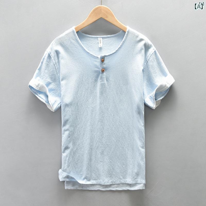 メンズ　ファッション　韓国ファッション　オシャレ　韓国 夏 レトロ コットン リネン 男性用 半袖 Tシャツ 通気性 カジュアル シャツ 薄手 ラミー 生地 トップス