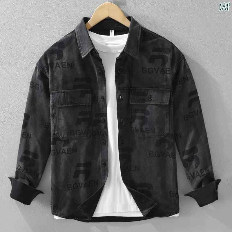 メンズ　ファッション　韓国ファッション　オシャレ　韓国 プリント レター デニムシャツ メンズ ワークウェア 長袖 春秋 トップス レトロ 厚手 コットンシャツ ジャケット(4)