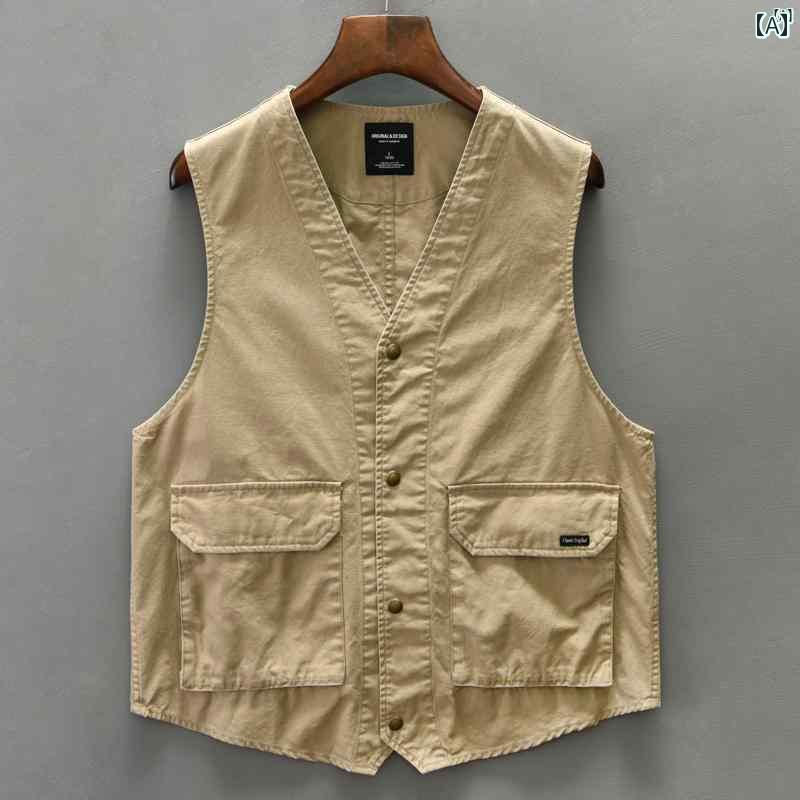メンズ　ファッション　韓国ファッション　オシャレ　韓国 レトロ 作業着 ベスト メンズ 春秋 コットン Vネックノースリーブ トップ 服 ジャケット