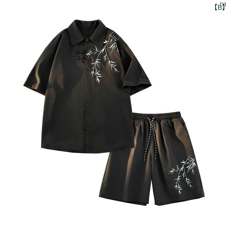 メンズ ファッション 韓国ファッション オシャレ 韓国 セット 中華風 半袖 シャツ スーツ 男子用 夏 薄氷 ジャケット
