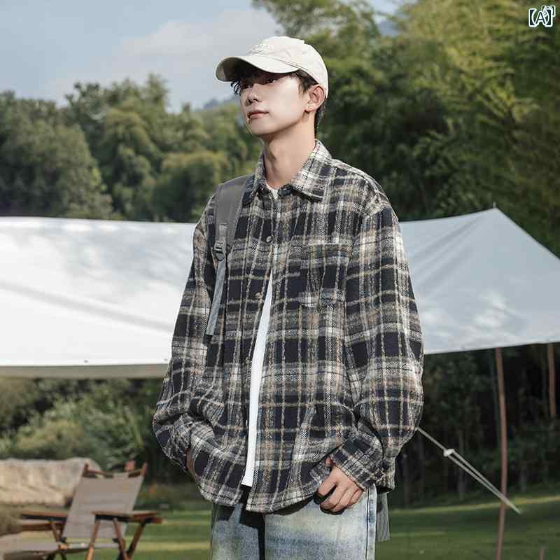 メンズ ファッション 韓国ファッション オシャレ 韓国 アメリカン レトロ チェック柄 長袖 シャツ 男性用 春秋新 ファッション カジュアル カップル 小柄 香り ジャケット