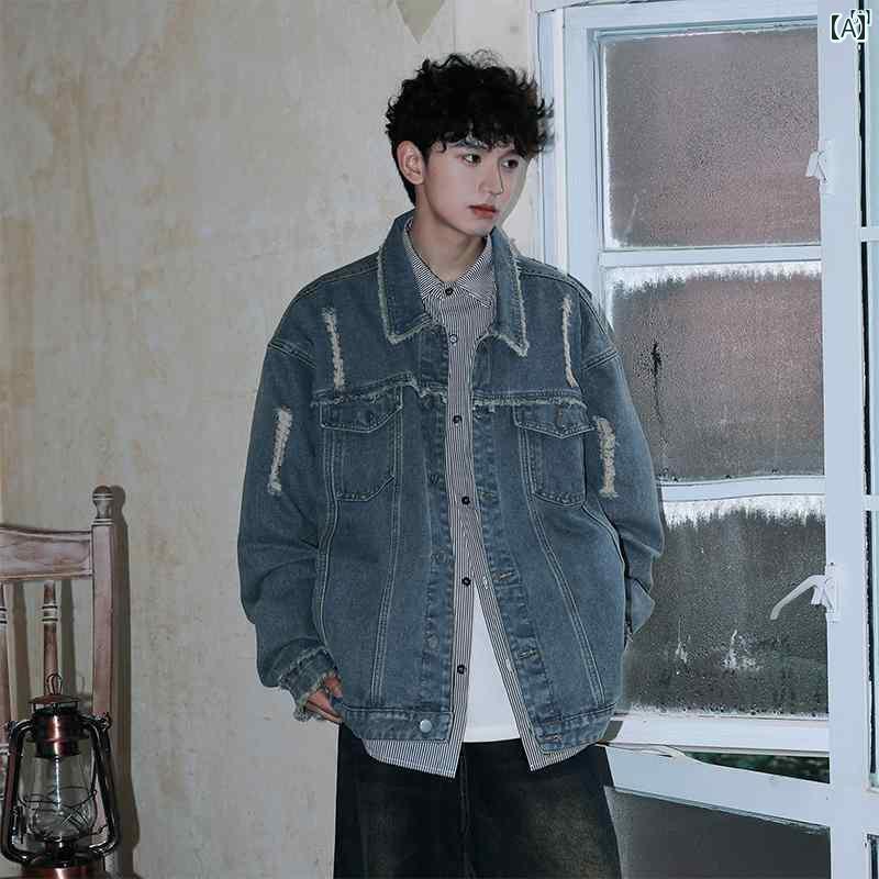 Jumper, Blouson - メンズ ファッション 韓国ファッション オシャレ 韓国 アメリカ デニムジャケット 男性 春秋 ボーイズ レトロ メンズ ウォッシュ ワークウェア デニム カジュアル ジャケット