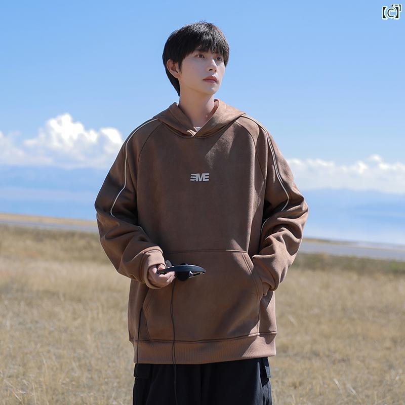 メンズ ファッション 韓国ファッション オシャレ 韓国 アメリカン スエード フード付き スウェットシャツ メンズ 春秋 たり 刺繍 学生 トップ ジャケット