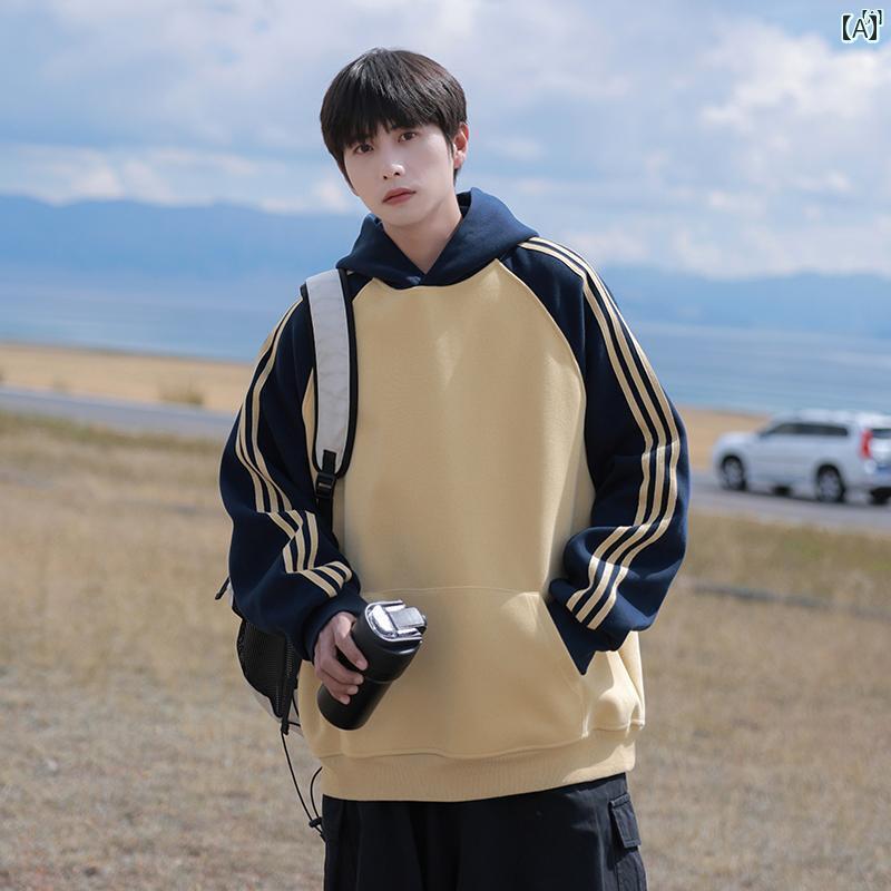 メンズ ファッション 韓国ファッション オシャレ 韓国 ストライプ ラグランスリーブ 厚手 フード付き スウェットシャツ 男性用 春秋 アメリカ トップ ジャケット