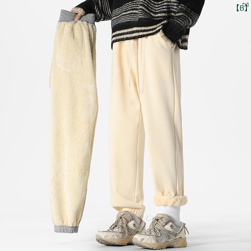 メンズ ファッション 韓国ファッション オシャレ 韓国 マット 子羊 ベルベット パンツ 冬 裏起毛 厚手 メンズ ストレート スウェットパンツ 秋 コットンパンツ