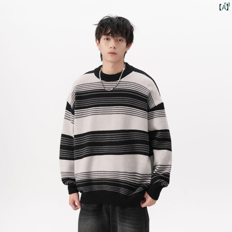 メンズ ファッション 韓国ファッション オシャレ 韓国 レトロ ストライプセーター メンズ 冬 ファッション カジュアル シニア カップル ニット ジャケット