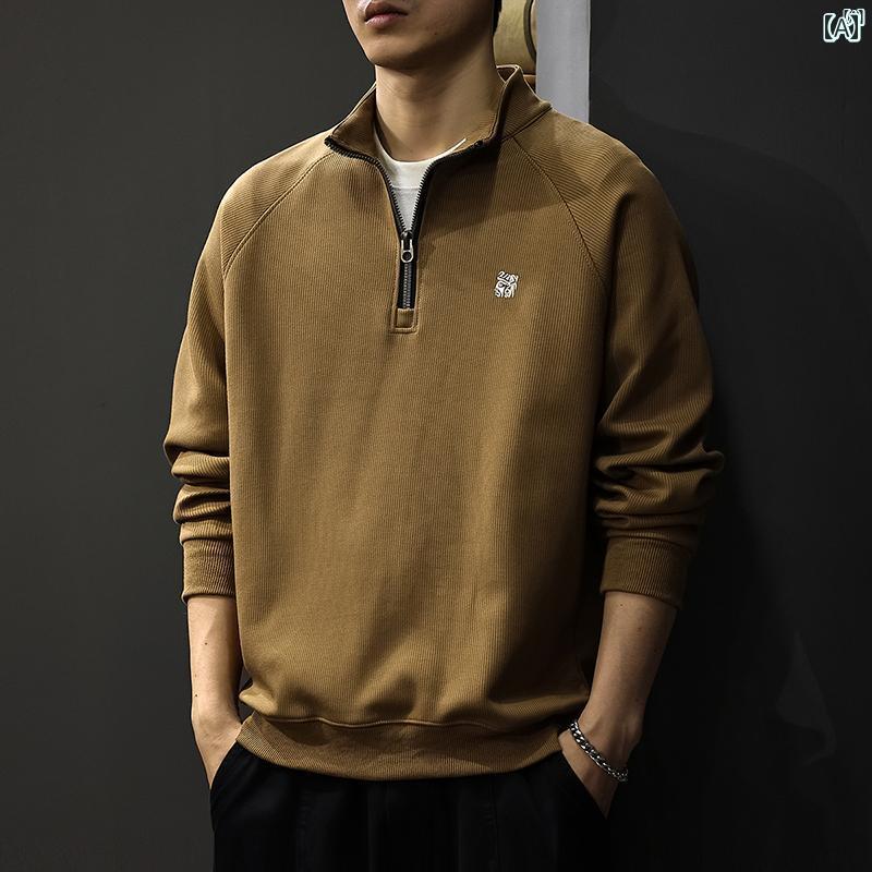 メンズ　男性 ファッション 韓国 オシャレ たり 大歳ストリート 秋 ハーフ ジップ スタンドカラー トレーナー アメリカン レトロ 刺繍 ポロシャツ ヘビー プルオーバー ジャケット