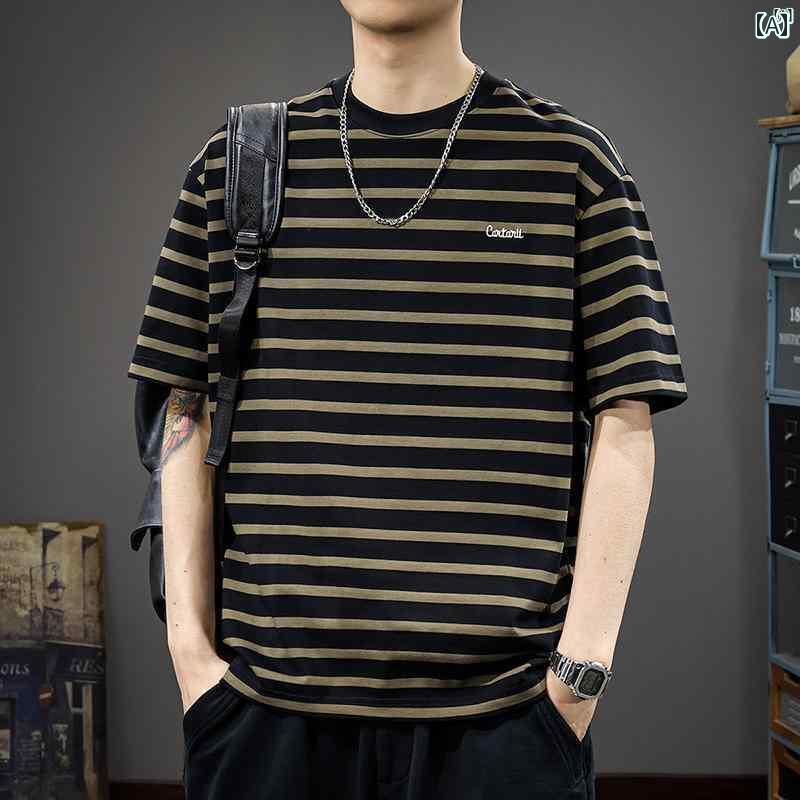 メンズ　男性 ファッション 韓国 オシャレ たり 大歳ストリート アメリカ ストライプ 半袖 Tシャツ 男..