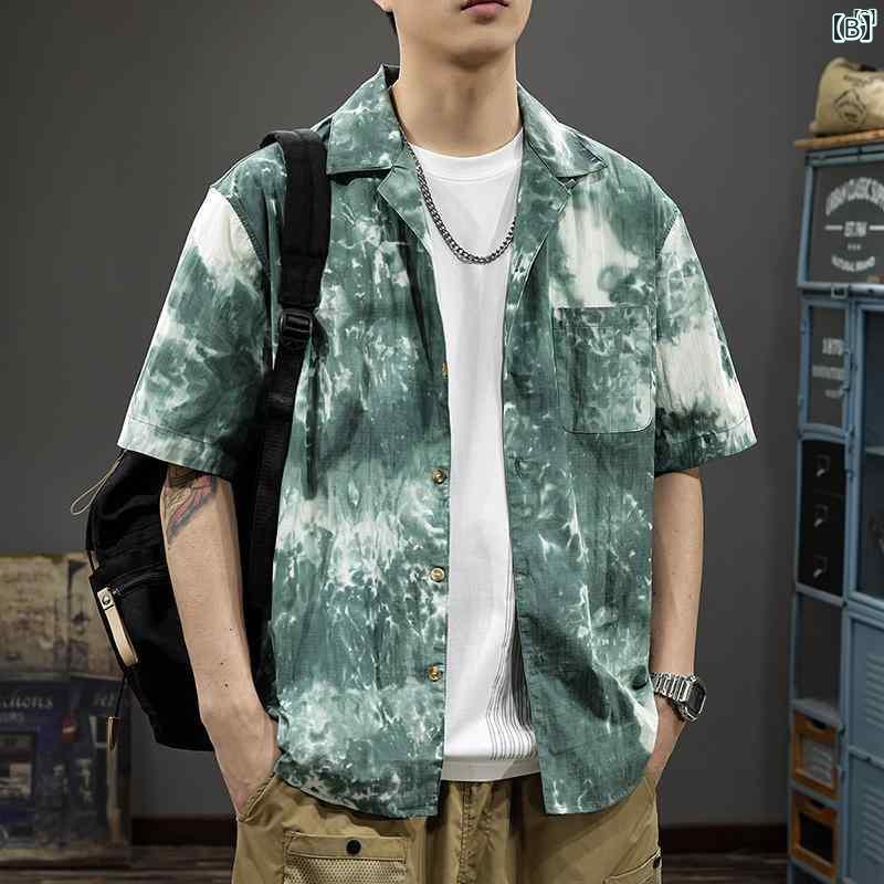 メンズ　男性 ファッション 韓国 オシャレ たり 大歳ストリート アメリカ 絞り染め カジュアル 半袖 シャツ 男性用 薄手 涼しい トップ 夏 海辺 ビーチ フラワーシャツ