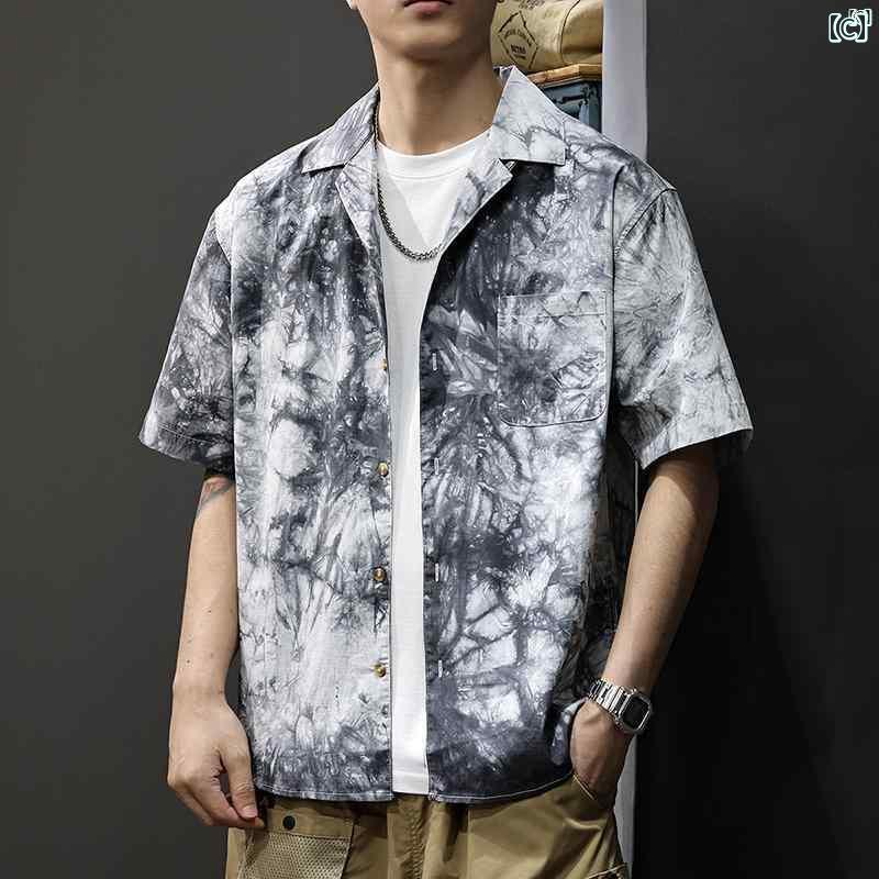 メンズ　男性 ファッション 韓国 オシャレ たり 大歳ストリート アメリカ 絞り染め カジュアル 半袖 シャツ 男性用 薄手 涼しい トップ 夏 海辺 ビーチ フラワーシャツ