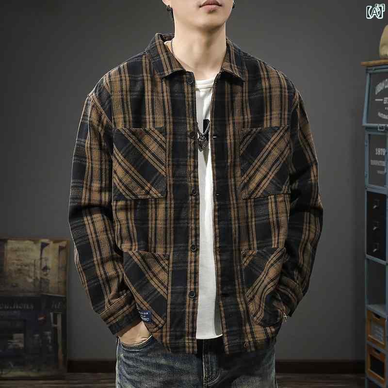 メンズ　男性 ファッション 韓国 オシャレ たり 大歳ストリート アメリカ マルチ ポケット チェック柄 シャツ カジュアル 長袖 シャツ 秋 ジャケット