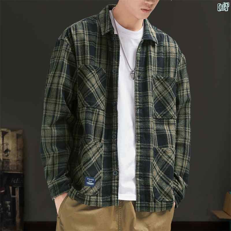 メンズ　男性 ファッション 韓国 オシャレ たり 大歳ストリート アメリカ マルチ ポケット チェック柄 シャツ カジュアル 長袖 シャツ 秋 ジャケット