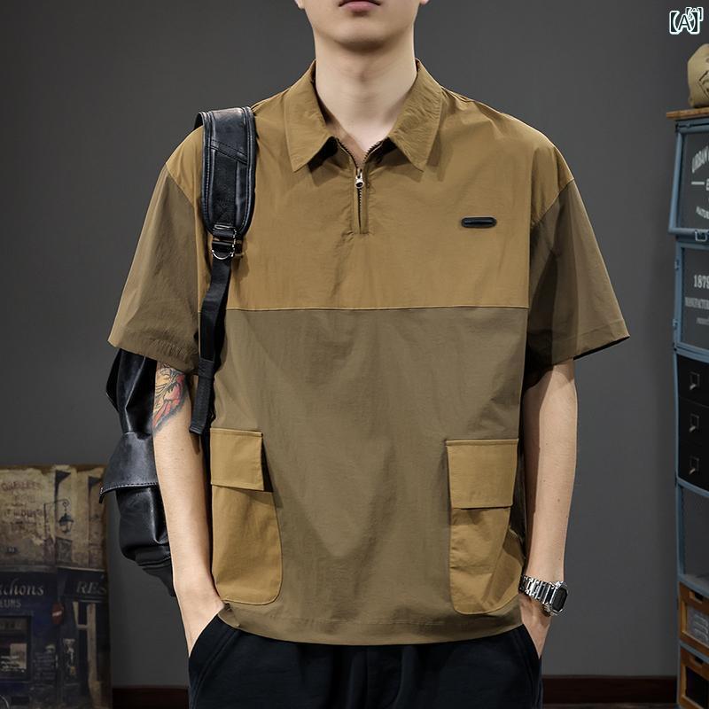 メンズ　男性 ファッション 韓国 オシャレ たり 大歳ストリート アメリカン レトロ カラー ブロック ポケット ワークウェア ポロシャツ 夏用 速乾 ジッパー 半袖 Tシャツ