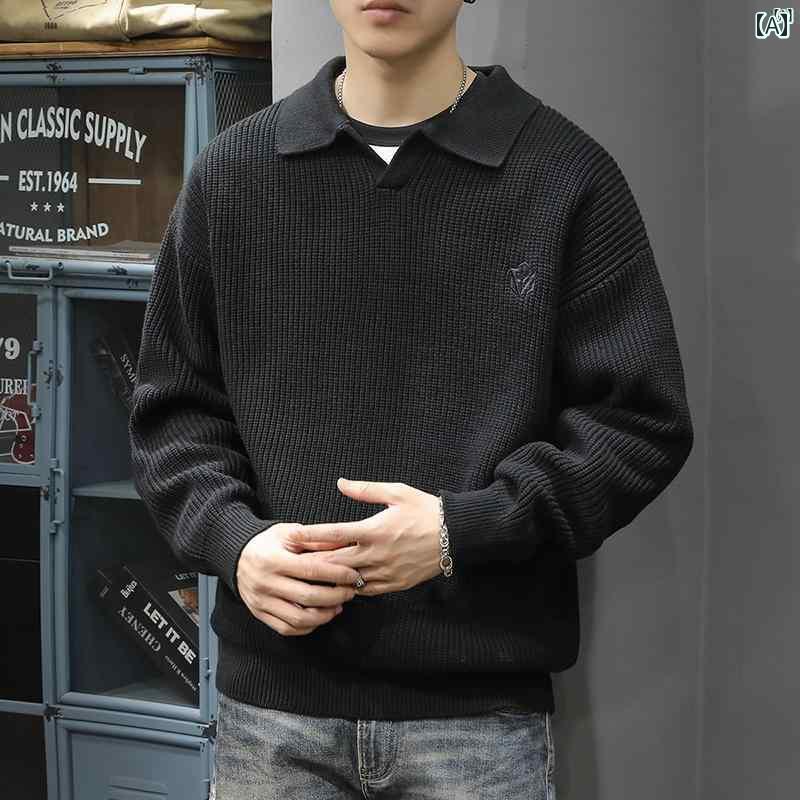 メンズ　男性 ファッション 韓国 オシャレ たり 大歳ストリート アメリカン レトロ ブラック セーター 秋 ポロ カラー カジュアル