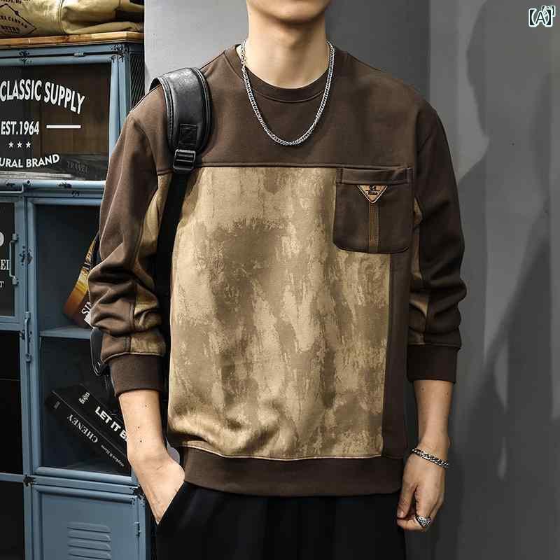 メンズ　男性 ファッション 韓国 オシャレ たり 大歳ストリート 秋 ステッチ スエード スウェットシャツ ヘビーウェイト ラウンドネック 長袖 プルオーバー トップ ジャケット