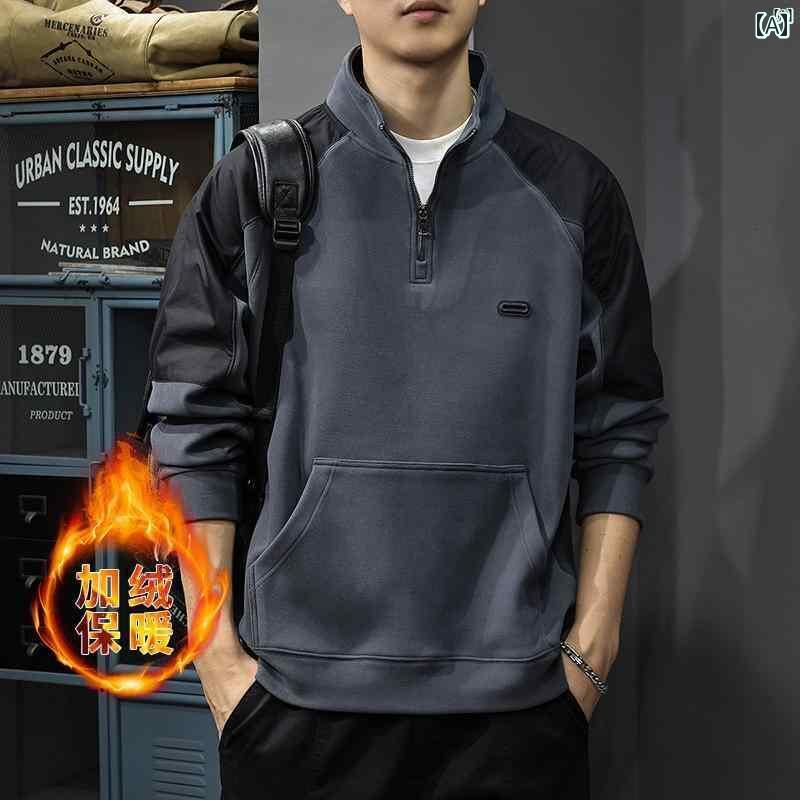 メンズ　男性 ファッション 韓国 オシャレ たり 大歳ストリート 秋冬 スプライシング 色 ベルベット スウェットシャツ ジッパー ハーフ タートルネック レトロ ヘビーウェイト プルオーバー ジャケット
